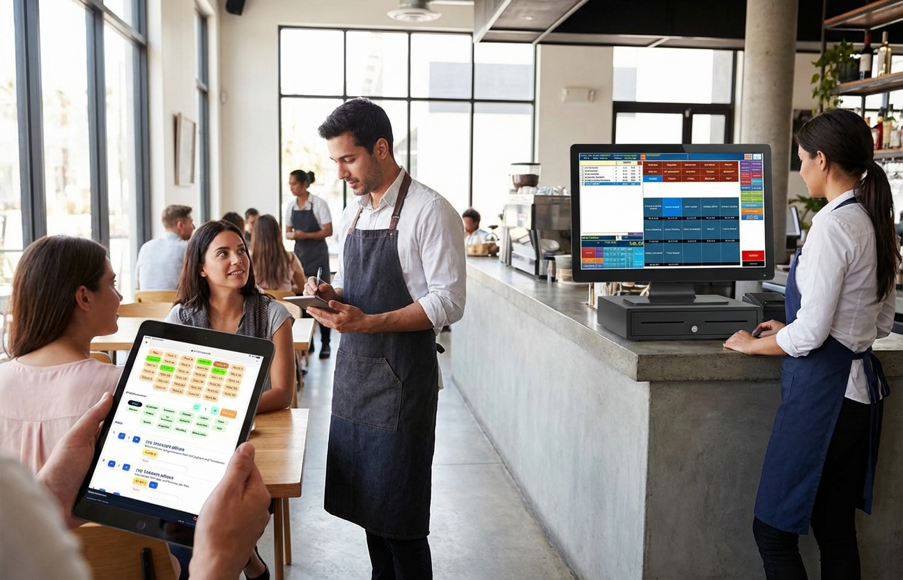 Hanware Cash im Cafe-Restaurant: Theken-Kasse mit POS-Terminal und Tablet-Bedienung am Tisch