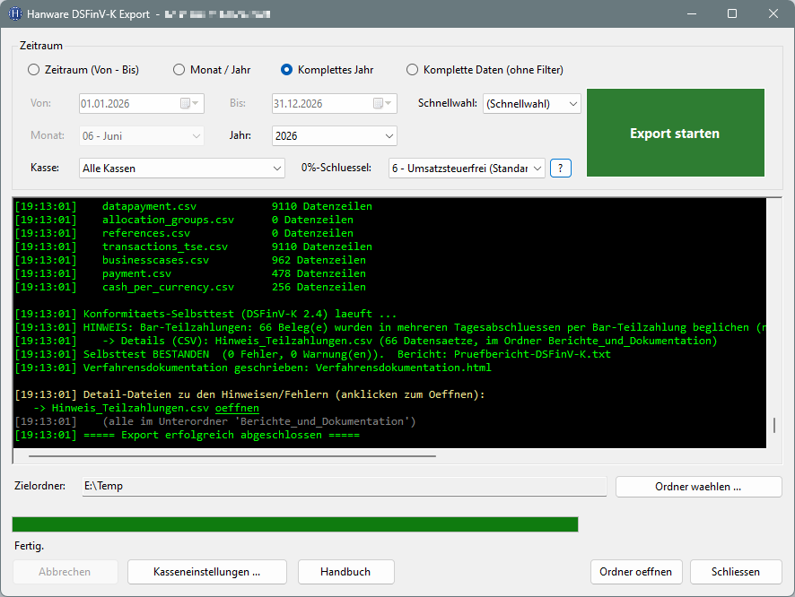 Hanware DSFinV-K Export Dialog mit Zeitraumauswahl, Kassenfilter und grünem Live-Protokoll
