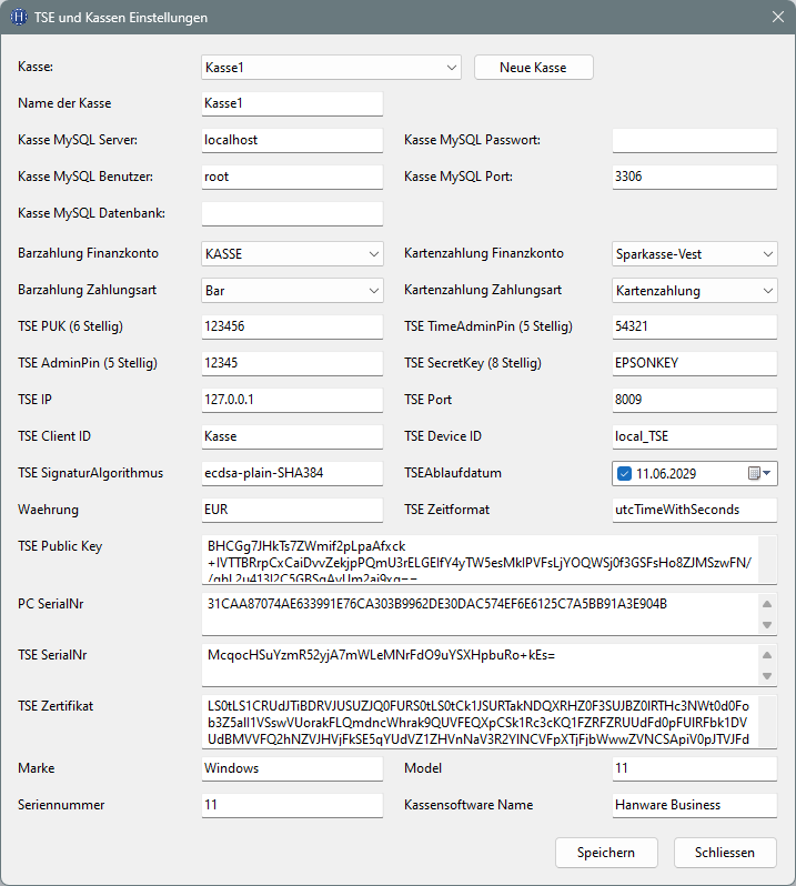 Hanware TSE und Kassen Einstellungen mit TSE-PUK, Signaturalgorithmus, Public Key, Seriennummer und Zertifikat