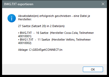 Automatische Aufteilung: pro Hersteller eine eigene BWG-Datei (BWG.TXT, BWG1.TXT ...).
