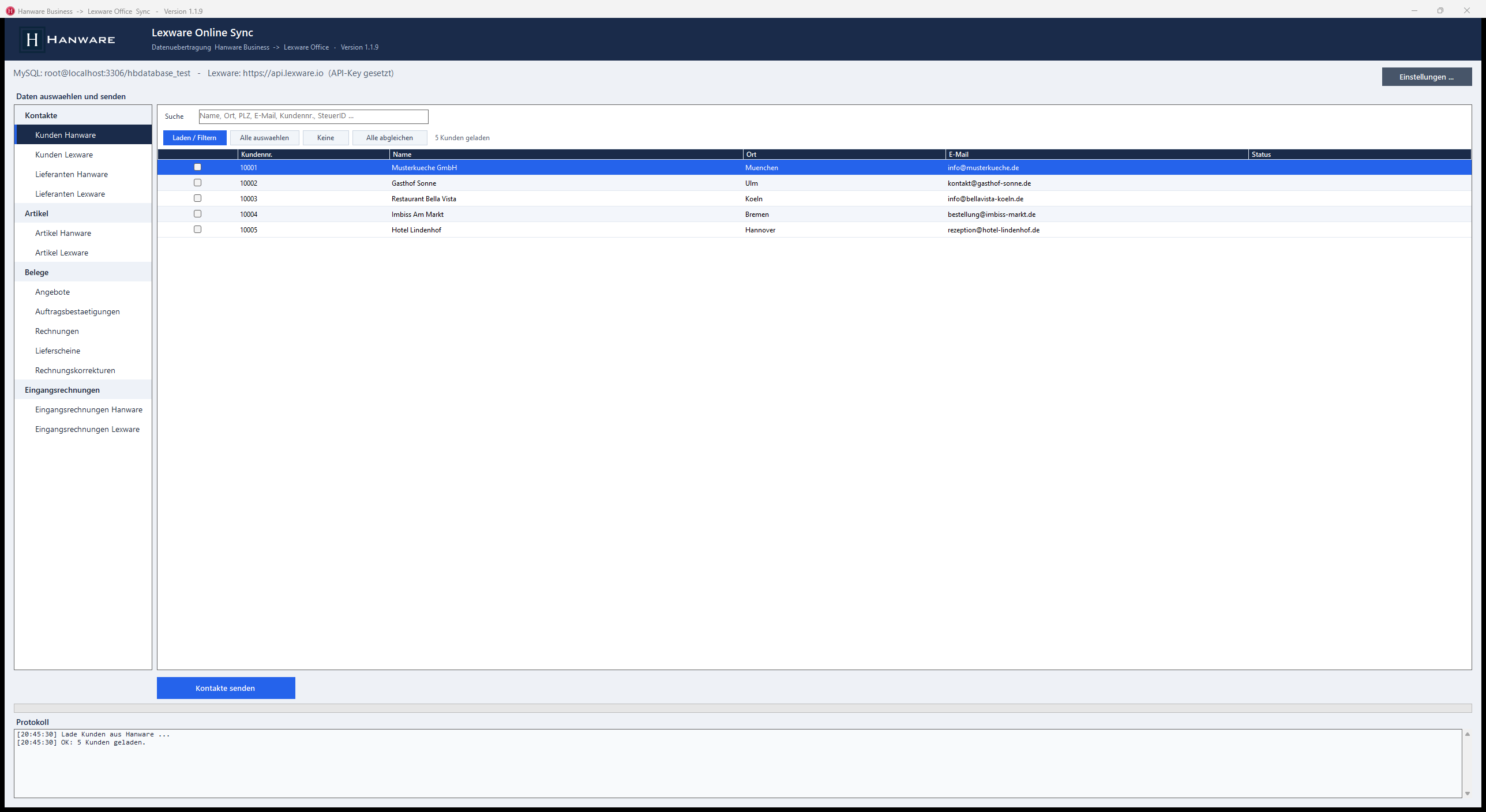 Hanware Lexware Online Sync - Hauptfenster mit Navigationsbaum und Kundenliste