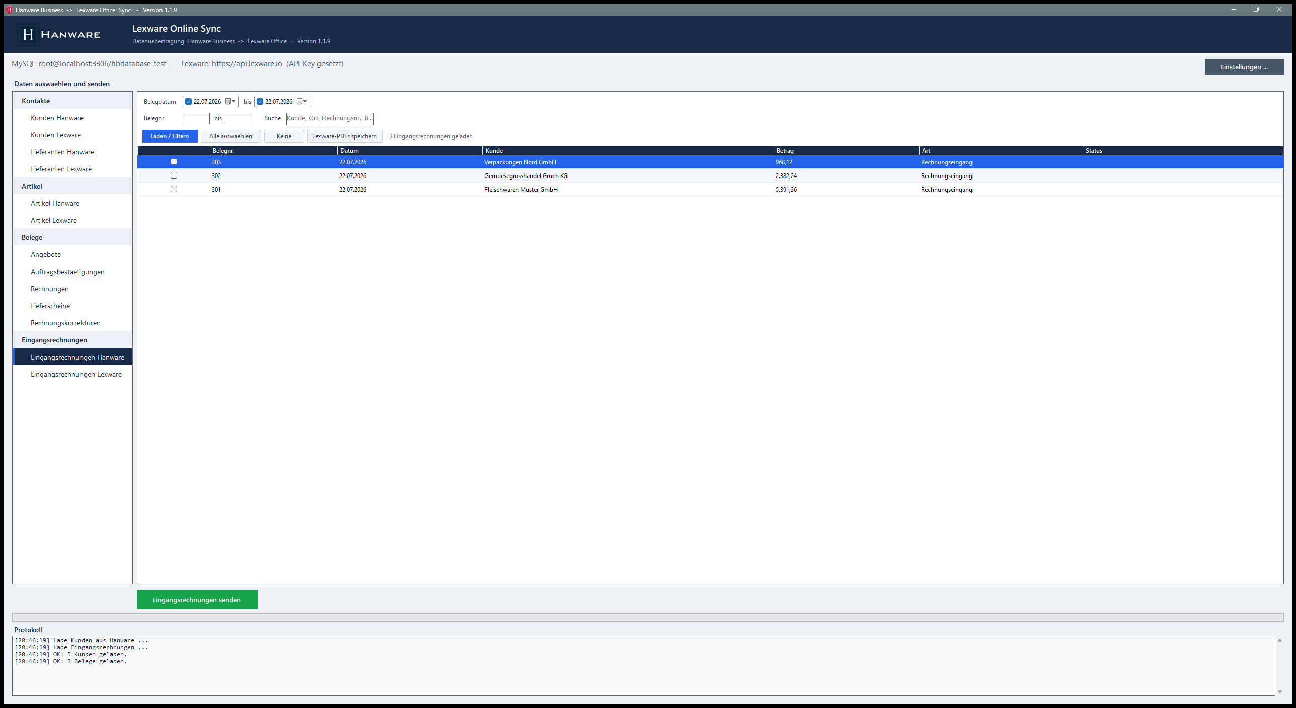 Eingangsrechnungen aus Hanware nach Lexware senden