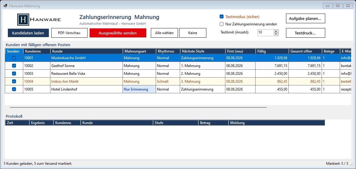 Hanware Mahnung - Mahnlauf mit Kandidatenliste, nächster Mahnstufe und aktiviertem Testmodus