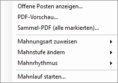 Hanware Mahnung - Rechtsklick-Kontextmenü: offene Posten anzeigen, Mahnungsart zuweisen, Mahnlauf starten