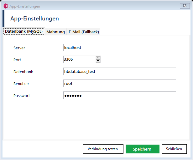 Hanware Mahnwesen - App-Einstellungen für Datenbank, Mahnung und E-Mail