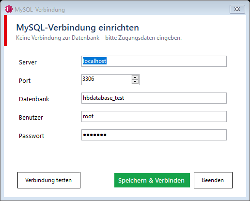 Hanware Mahnwesen - Datenbank-Anmeldung an die Hanware-MySQL-Datenbank