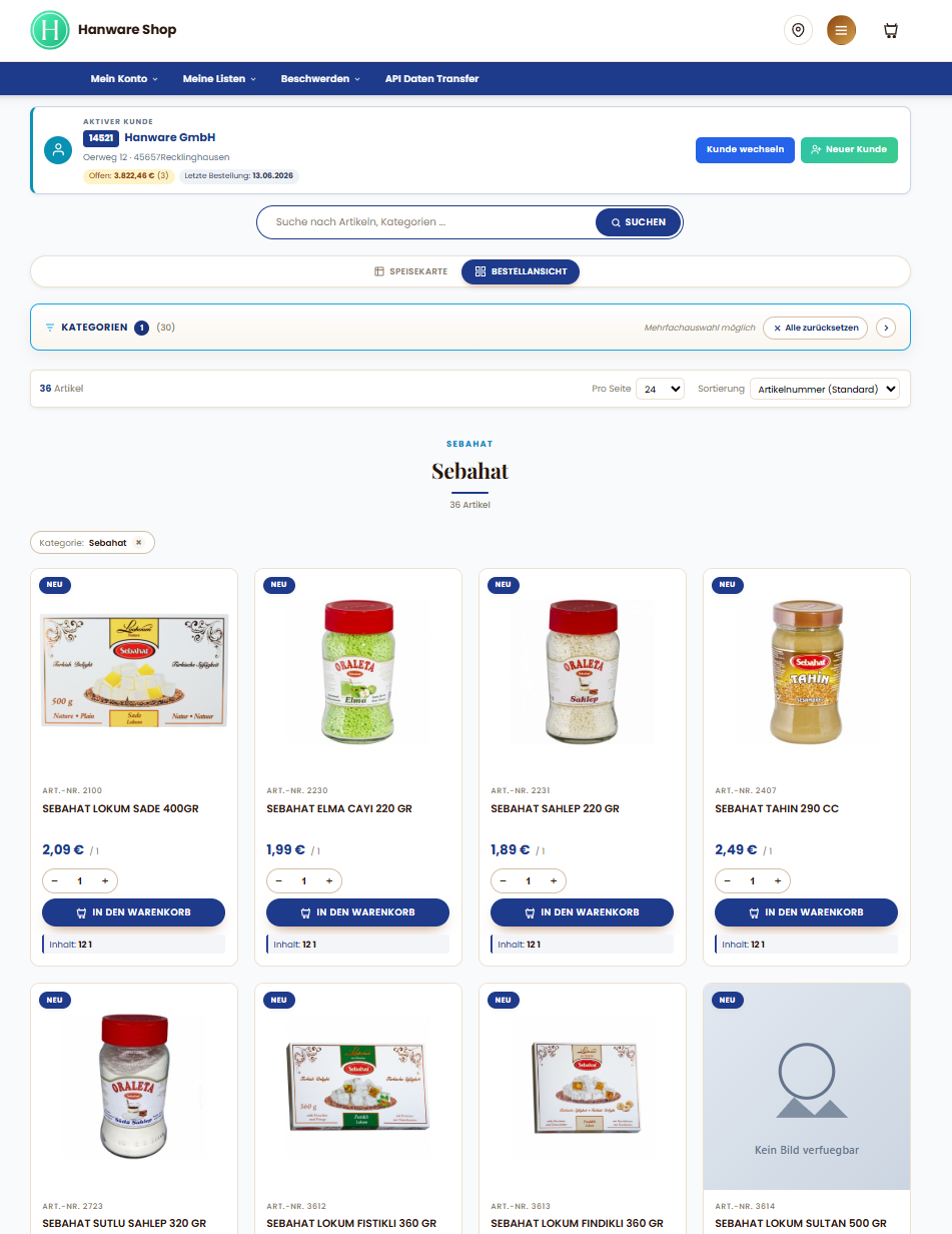 Hanware Mobile App: Kundenauswahl mit offenen Posten und Artikel-Bestellansicht im B2B-Shop