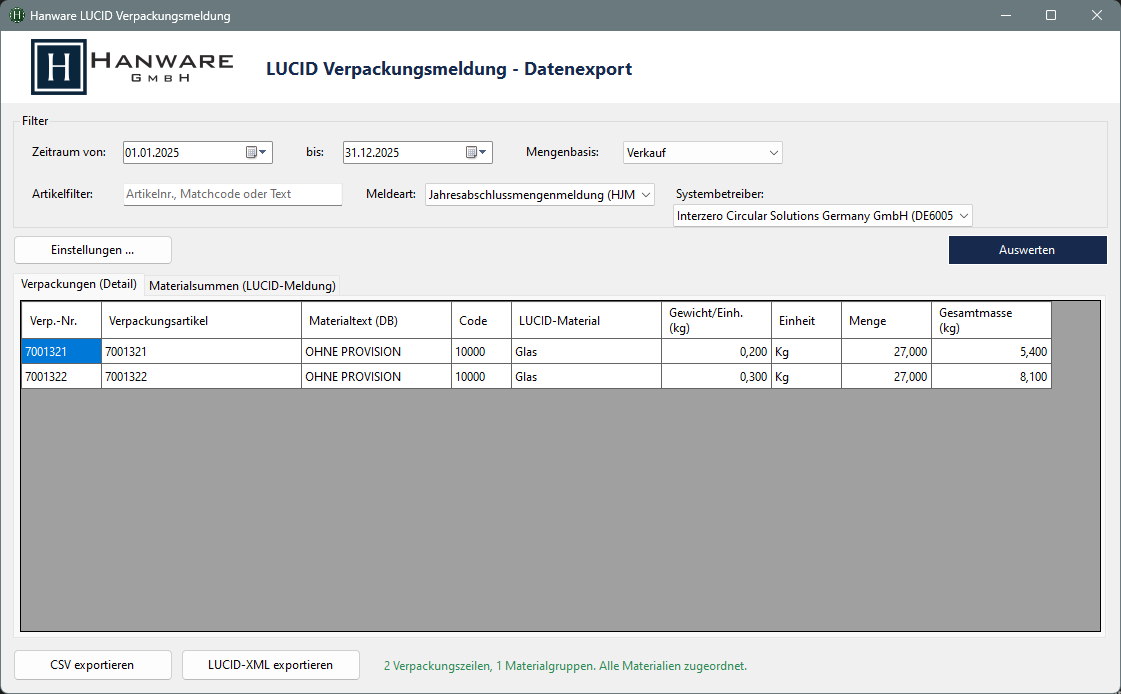 Hanware LUCID Verpackungsmeldung Datenexport mit Filter, Verpackungs-Detailliste, Material-Zuordnung und Export-Schaltflächen für CSV und LUCID-XML